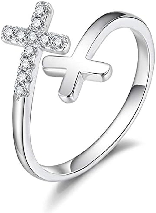 BQfife 925 Sterling Silver Christian Faith Cross Ring for Women, Dainty Inspirational Jewelry Easter Teen Gifts - Image 1